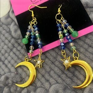 Gold Crescent Moon Earrings with Blue and Green Crystal Beads-NWT